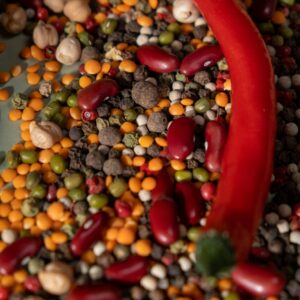 Colorful close-up of raw spices and legumes with a vibrant red chili pepper.